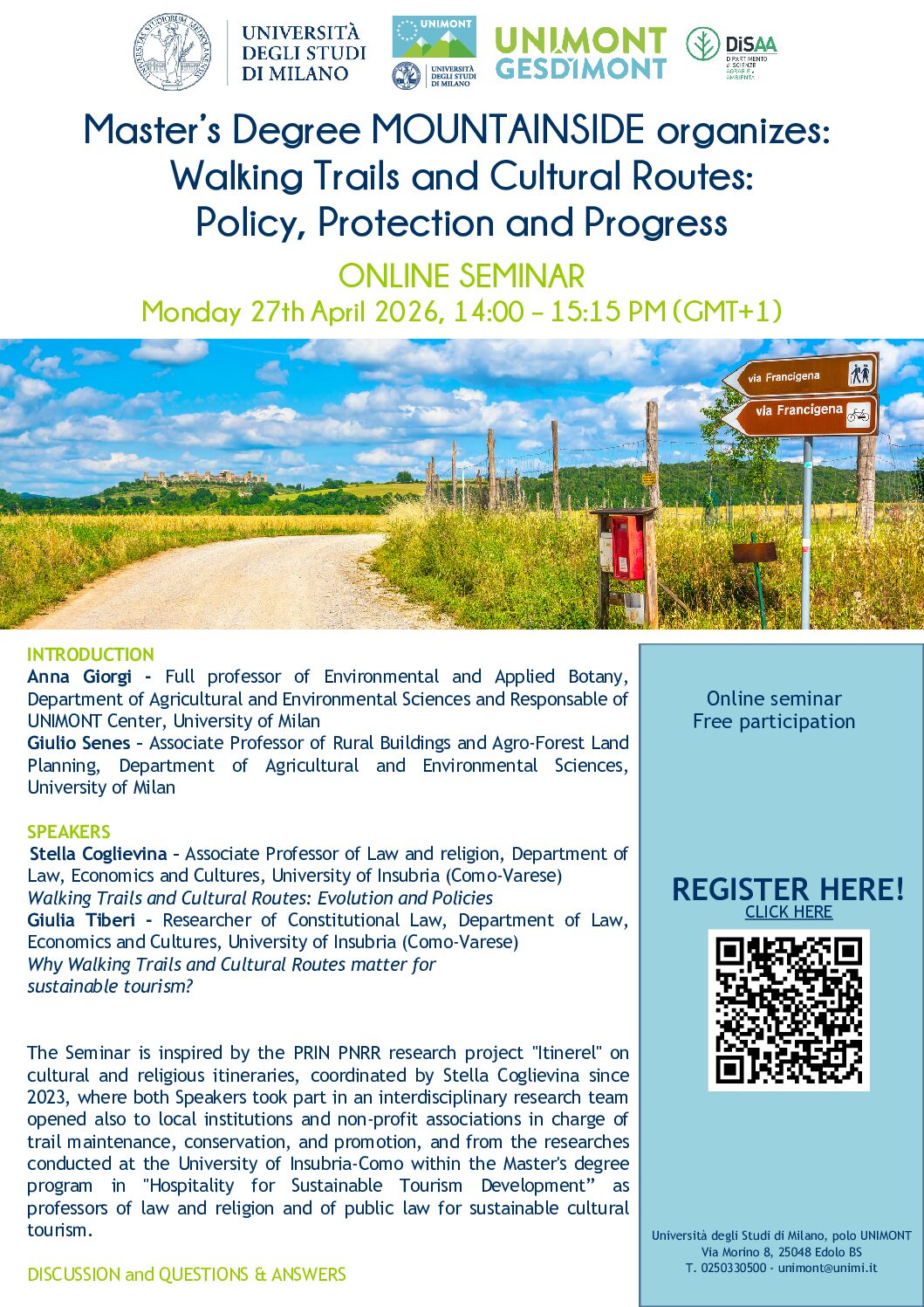27 aprile, Corso Master MOUNTAINSIDE “Sentieri escursionistici e itinerari culturali: Politiche, tutela e progresso”